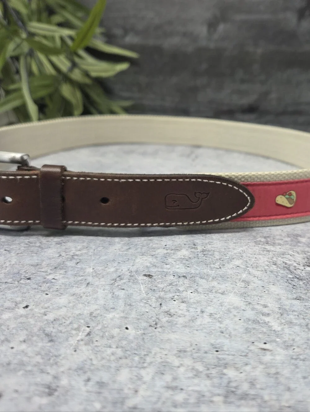 Vineyard Vines Quirky Taco Print Belt Brown Leather Coral Silk Fabric Size 36